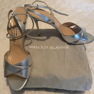 Manolo Blahnik silver stiletto with ankle wrap. Size 42. Worn once.